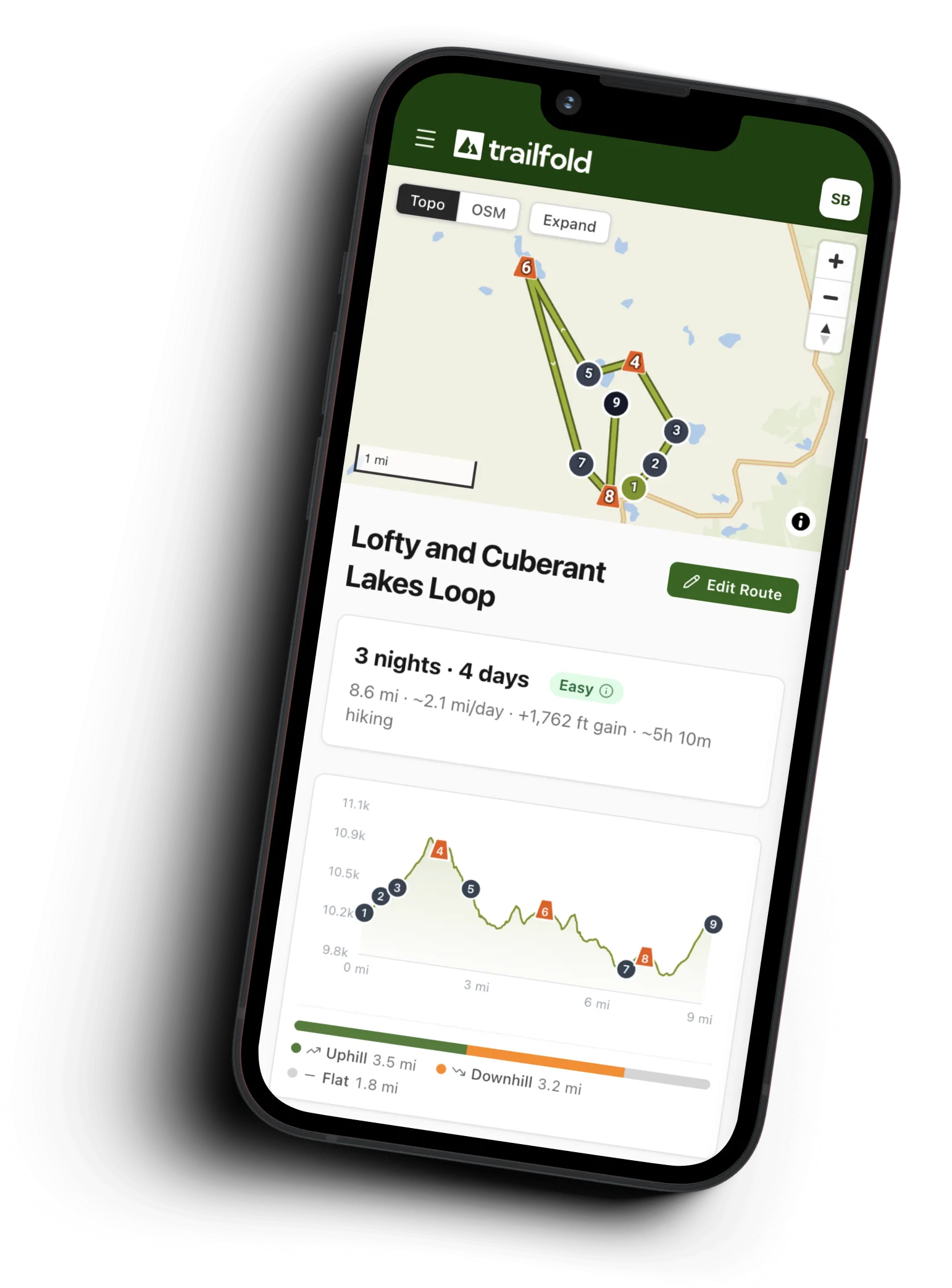 Trailfold app showing a planned backpacking route with 3D terrain and an elevation profile